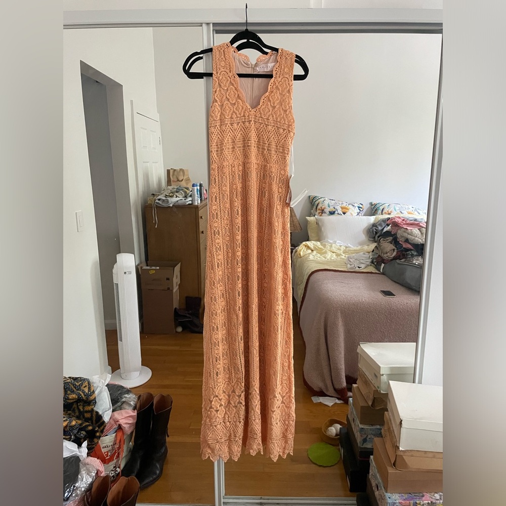 Elegant Lace Sleeveless Dress in Peach